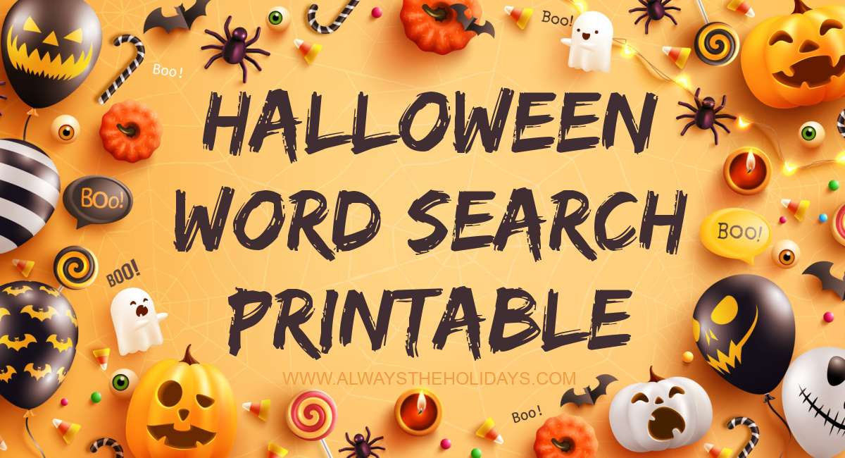 Halloween pumpkins, and decor around the border of an orange background of an infographic for a Halloween word search printable puzzle.