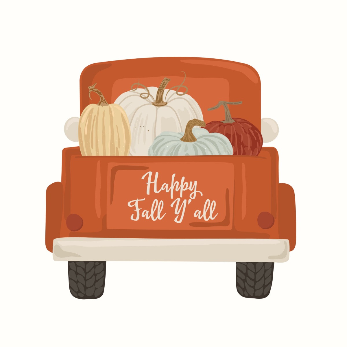 Fall truck An orange truck with pumpkins in the back, and the words "happy fall yall" in white cursive letters across the tailgate.