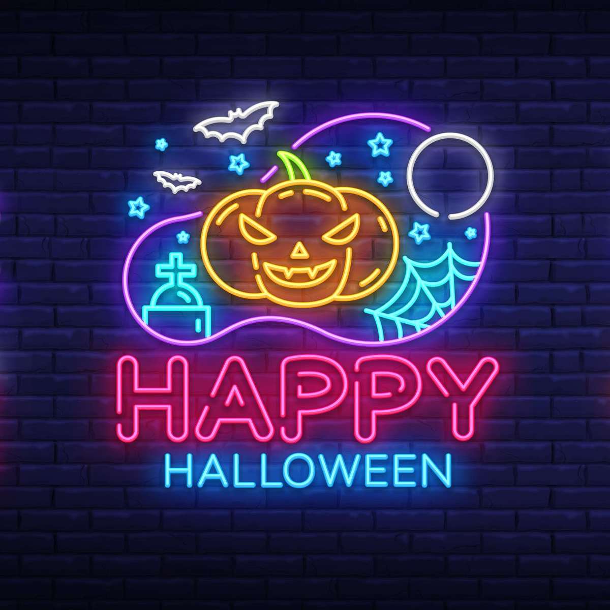 A happy Halloween sign in neon letters with neon Halloween symbols above it, like a jack o lantern, bats, a spider web and a full moon.