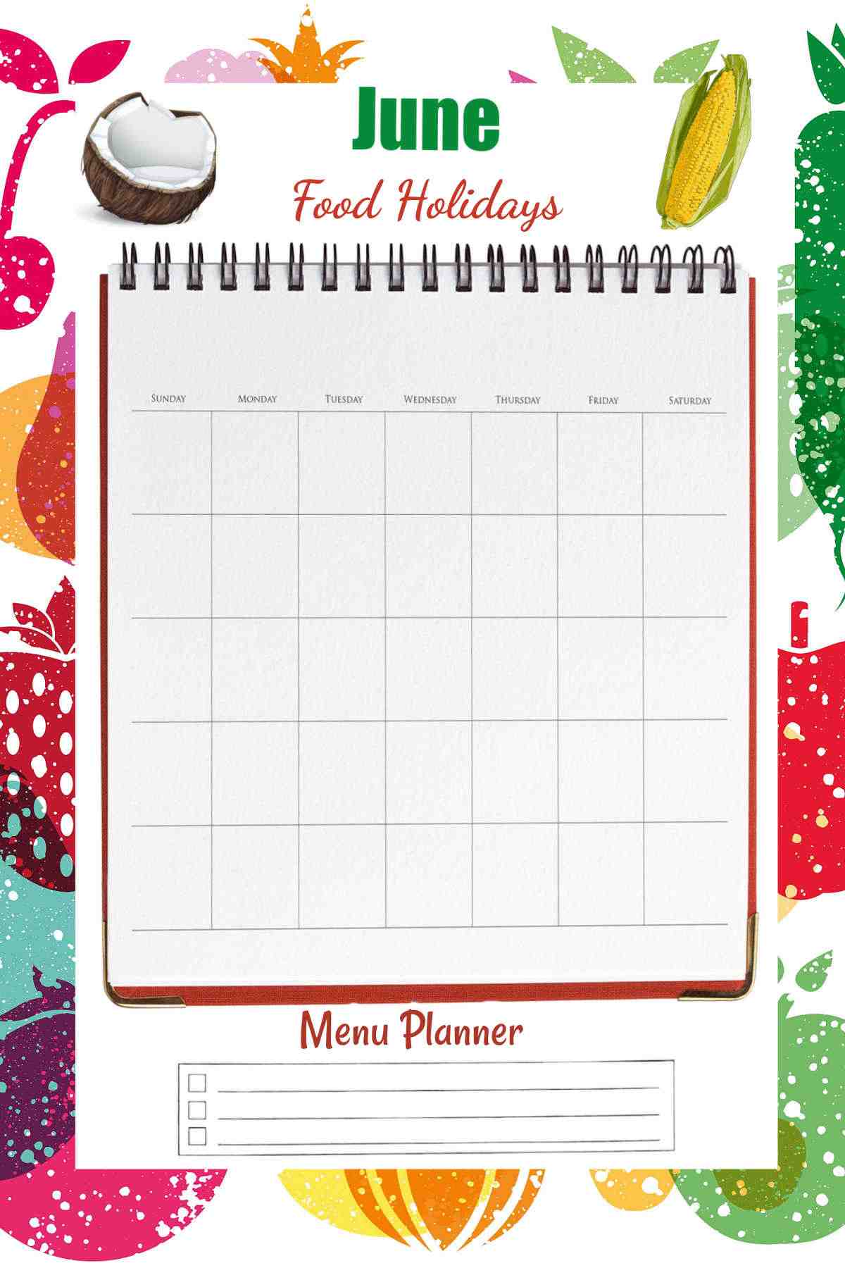 Vegetable background with meal planner for the month of June.