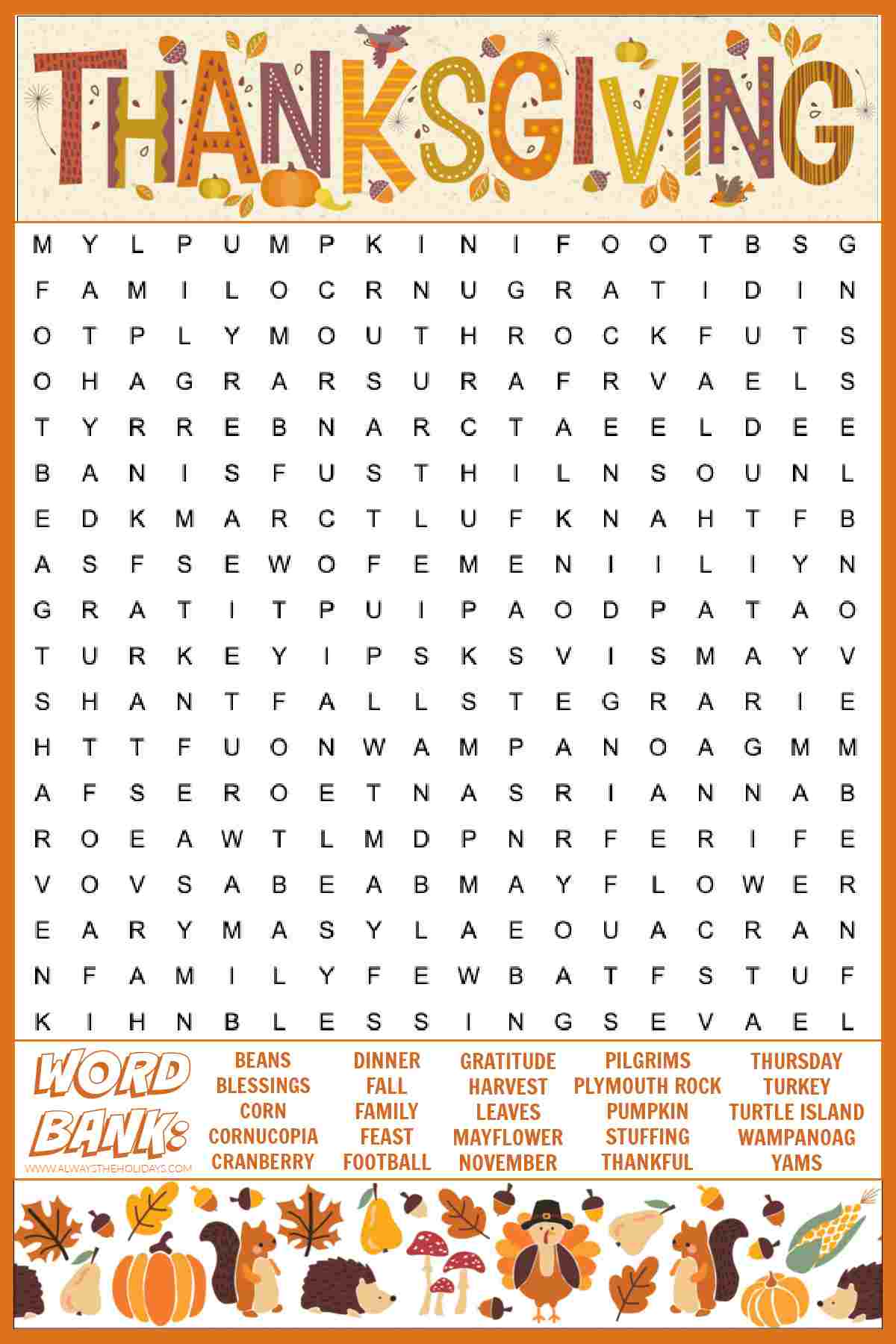 A free Thanksgiving word search printable puzzle with the word "Thanksgiving" at the top, and a word bank at the bottom with 25 words that are symbols of Thanksgiving.