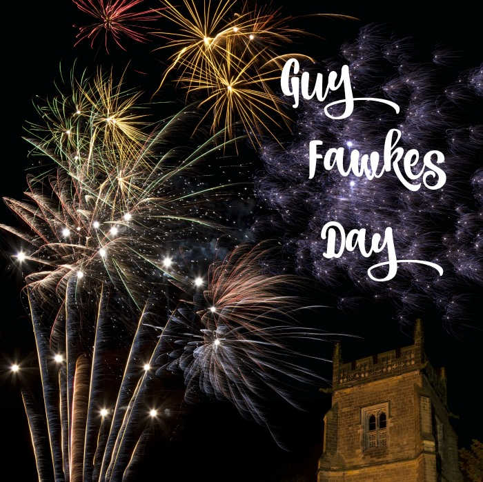 Fireworks, castle and words Guy Fawkes Day.