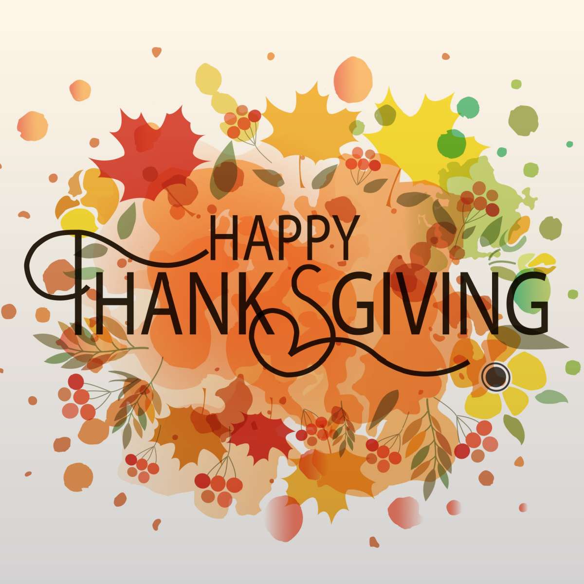 Happy Thanksgiving graphic The words Happy Thanksgiving over an abstract paint splotch made up of autumn colors.