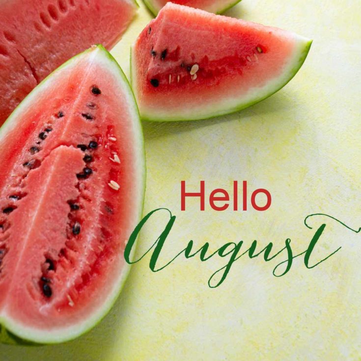 Watermelon pieces with words Hello August.