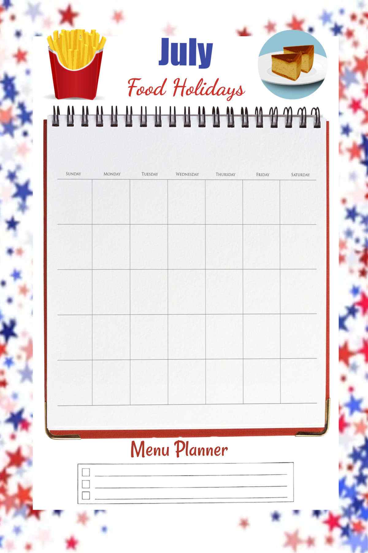 Patriotic background with a meal planner for July over the top.