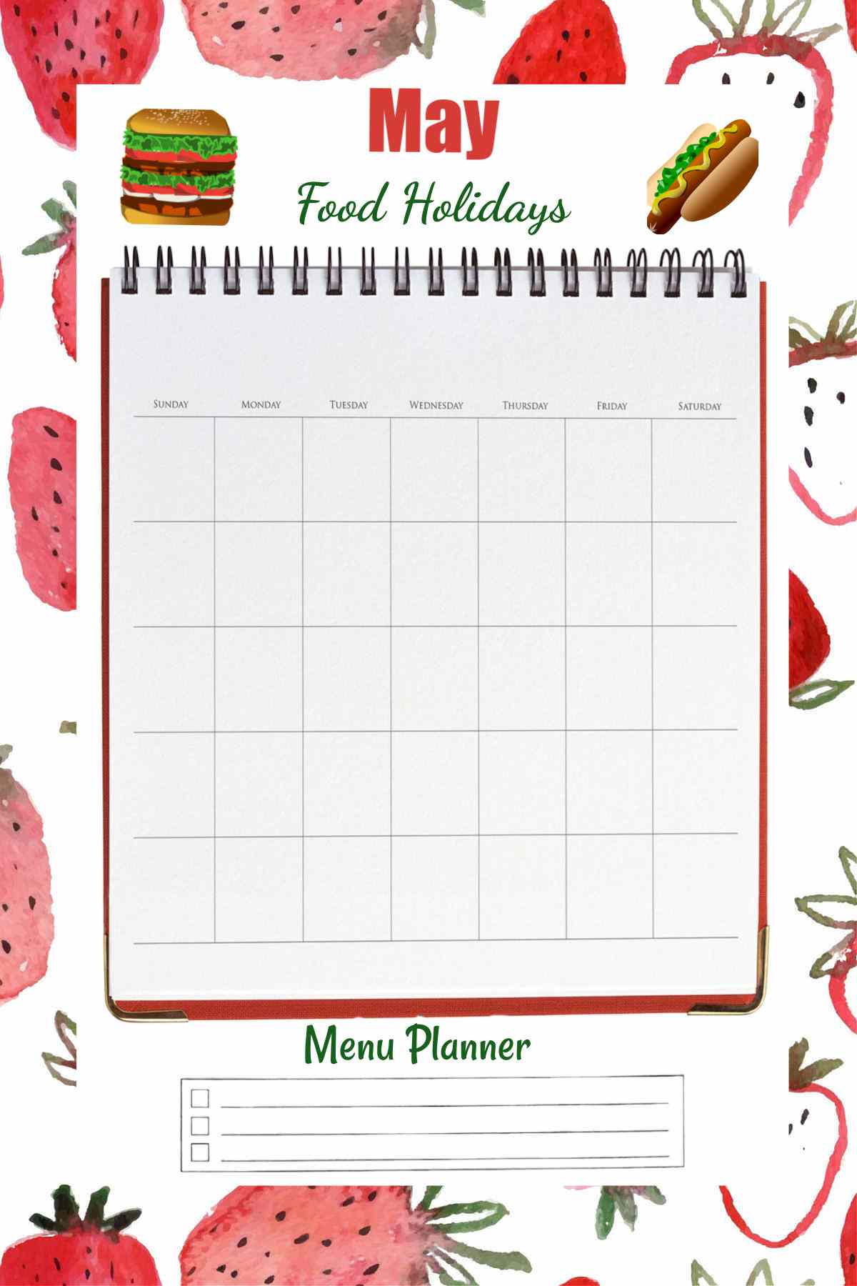 Strawberry background with meal planner for May over the top.