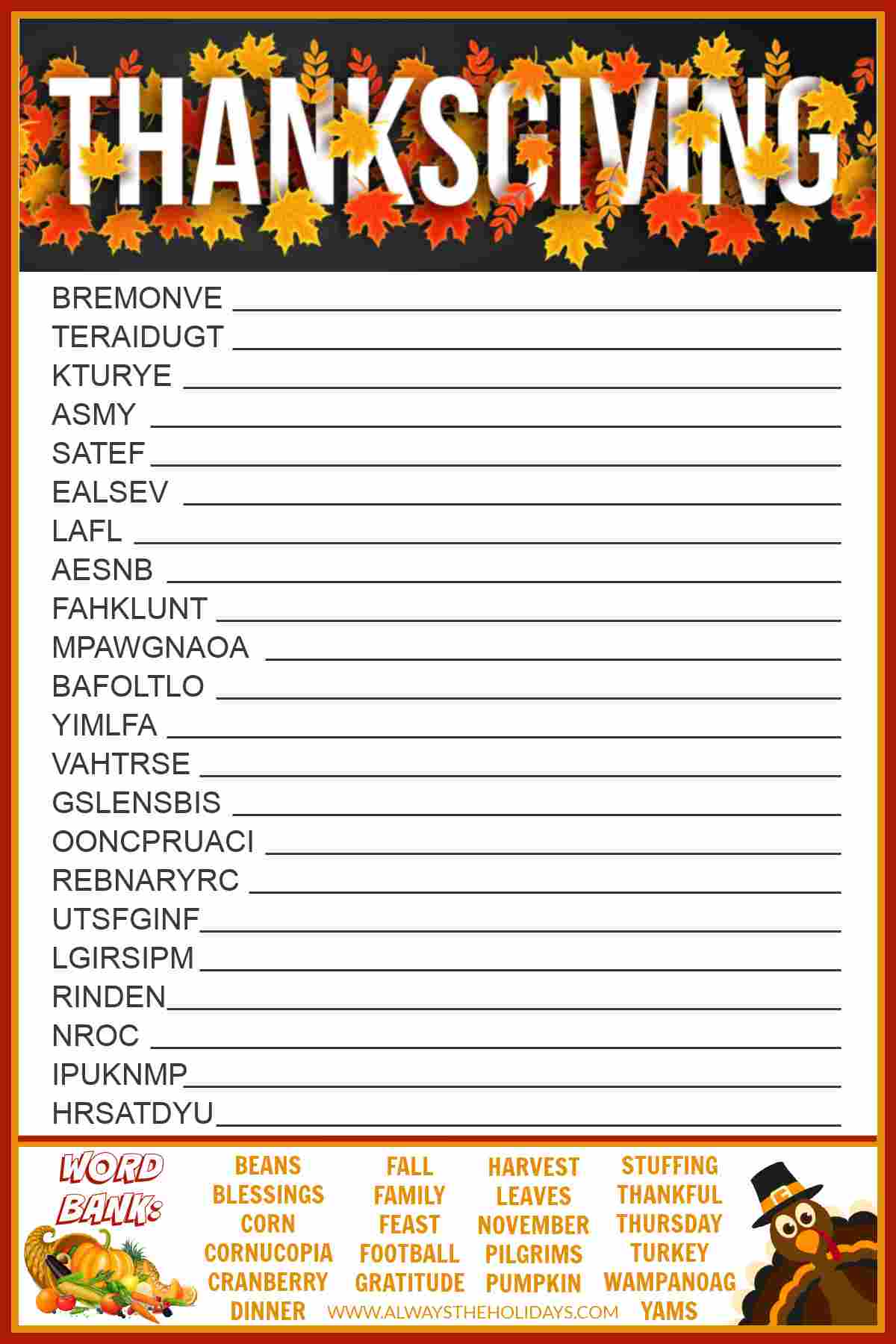 A printable Thanksgiving word scramble with a word bank at the bottom and the word "Thanksgiving" at the top over orange, red and yellow leaves.