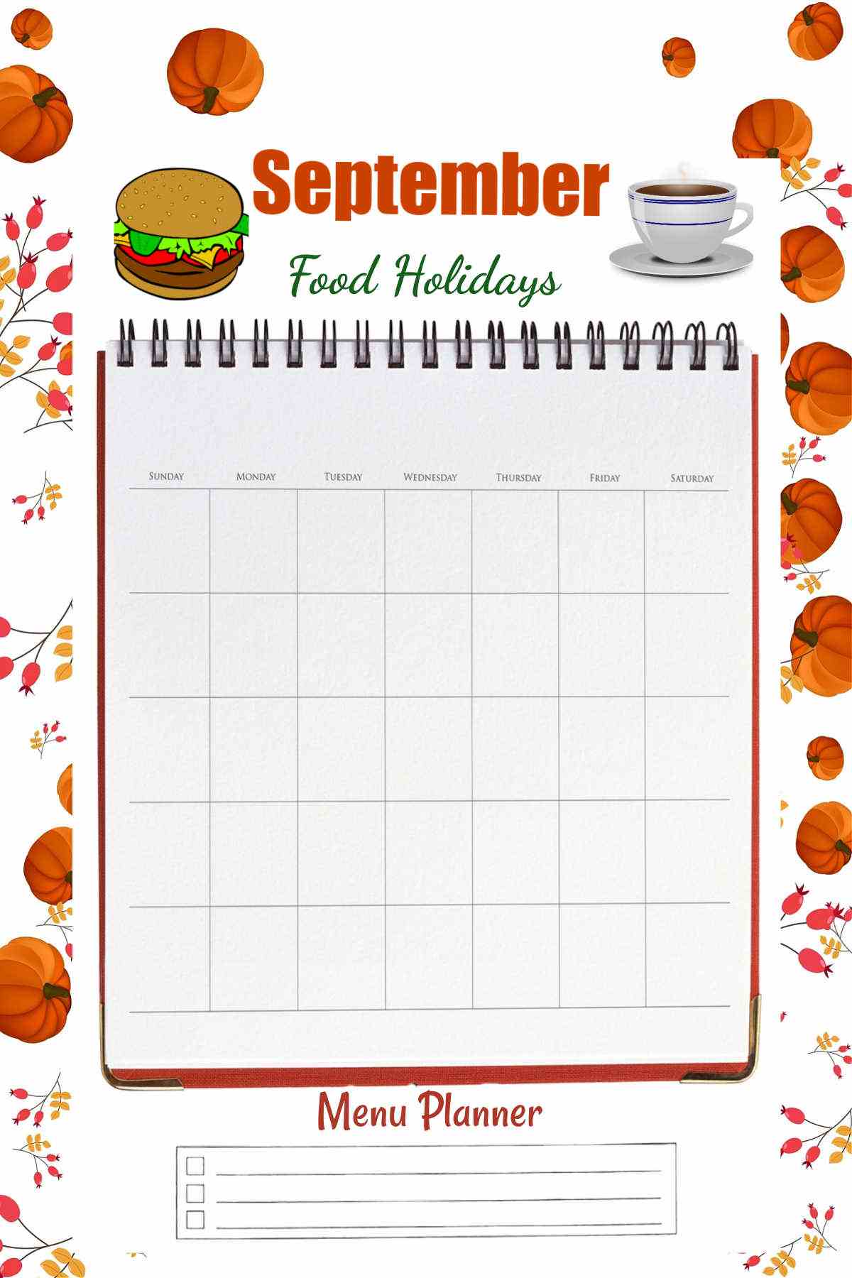 Background with pumpkins and an overlay with a meal planner for September.