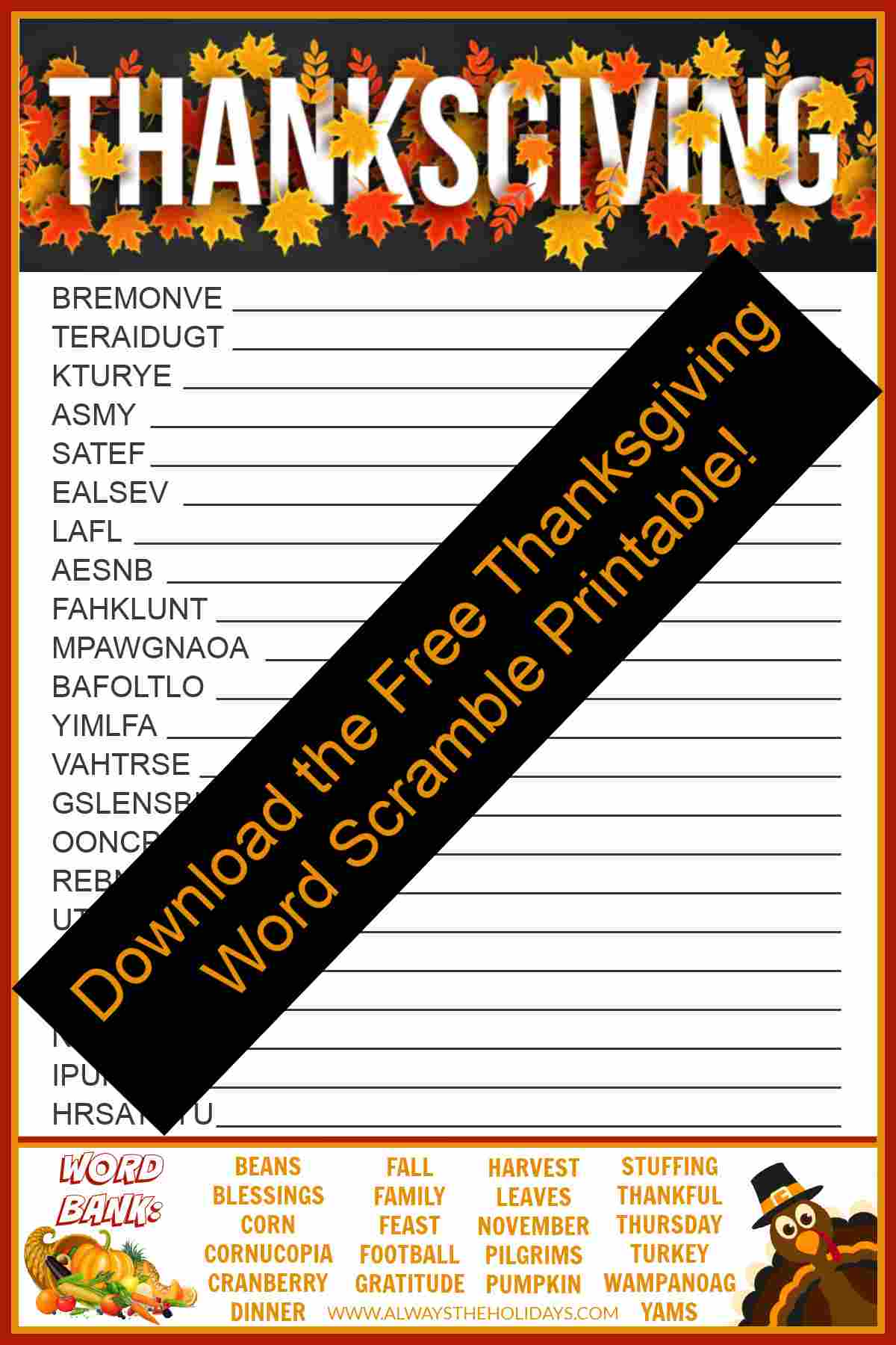 Get a Free Thanksgiving Word Scramble Puzzle A Thanksgiving scramble with a black bar across it that reads "download the free Thanksgiving word scramble printable".