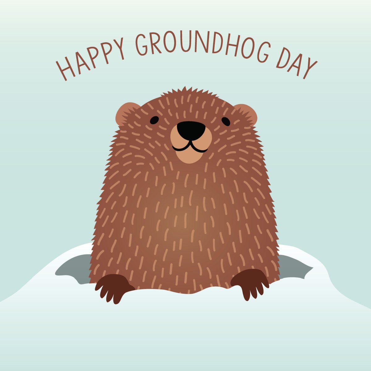 Happy Groundhog Day graphic A cartoon groundhog emerging from a burrow with text above that reads Happy Groundhog Day.