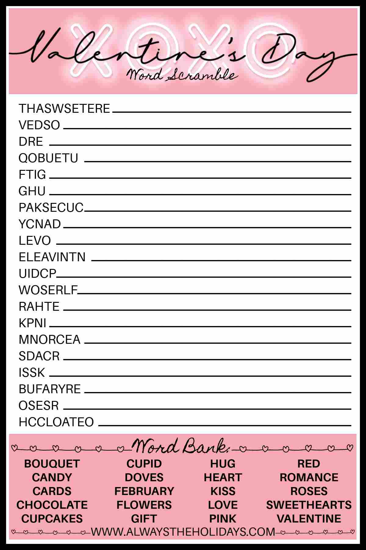 A Valentine's Day word scramble printable with a word bank at the bottom, making the Valentine's printable easy enough for kids and adults.