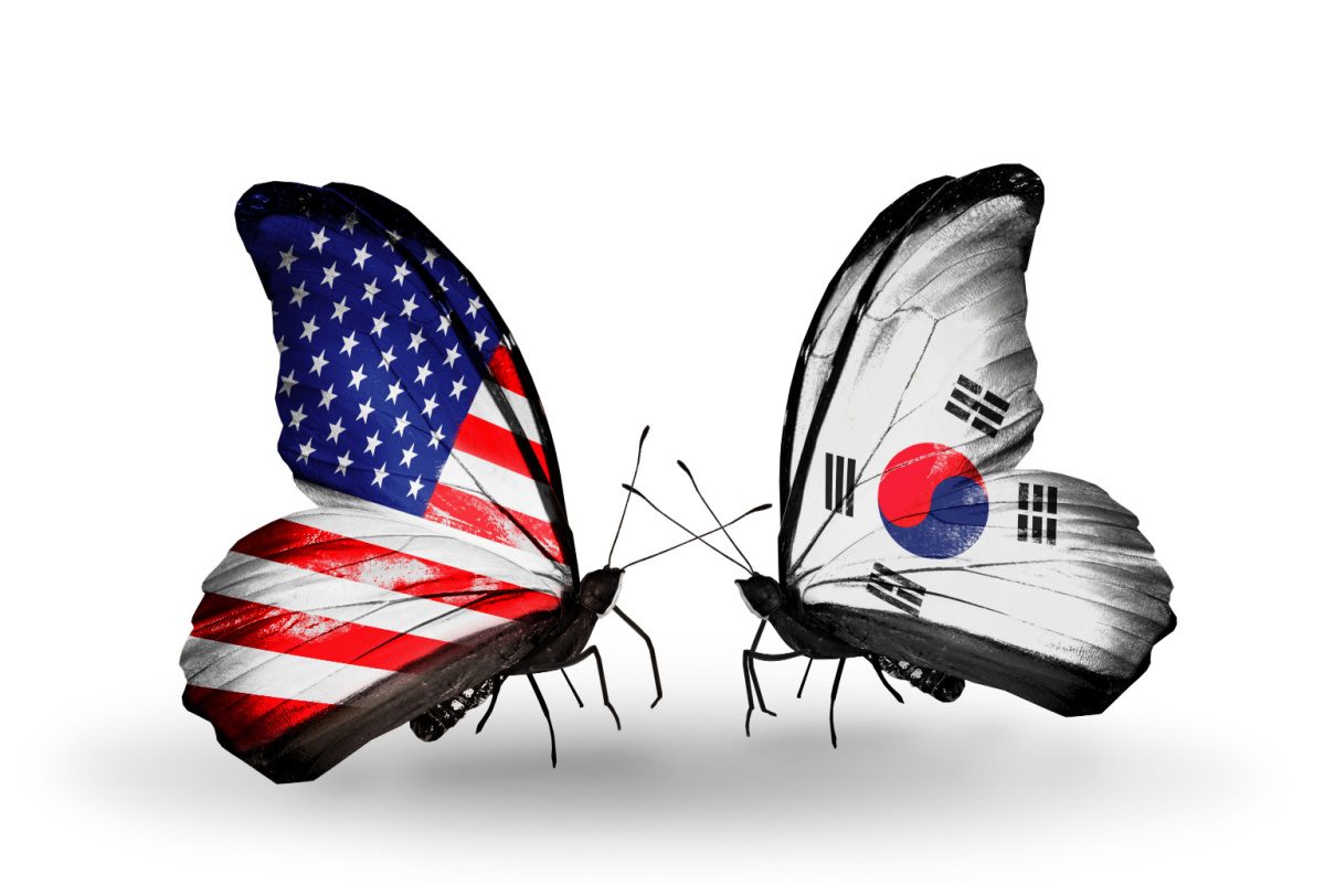 A butterfly with the pattern of the flag of the United States next to a butterfly with the pattern of the flag of Korea on its wings to celebrate Korean American Day.