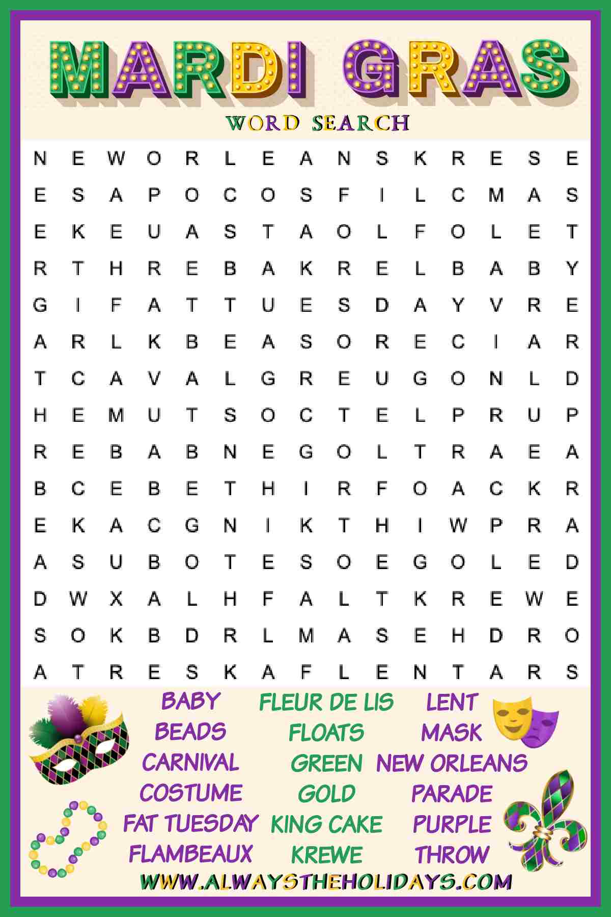 A free Mardi Gras word search printable puzzle with a green and purple border, and a word bank at the bottom surrounded by Mardi Gras symbols like a mask, beads, and a fleur de lis.
