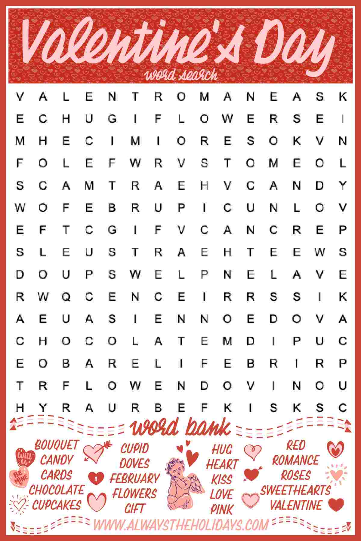 A free Valentine's Day word search printable with the words "Valentine's Day" at the top, and a word bank at the bottom with hearts, arrows and a Cupid in between the words.