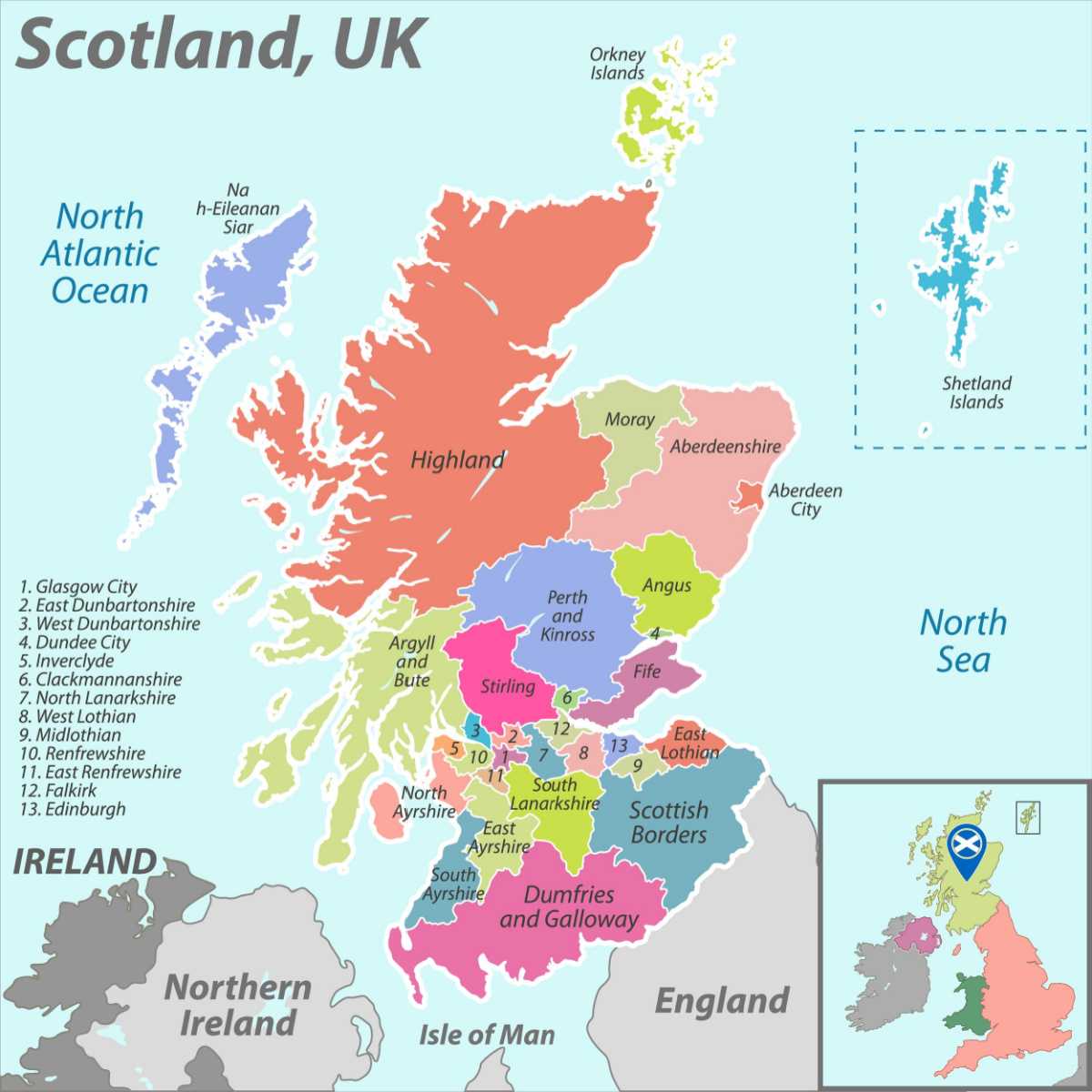 Map of Scotland, UK A color coded map of Scotland with text naming each of the different areas.