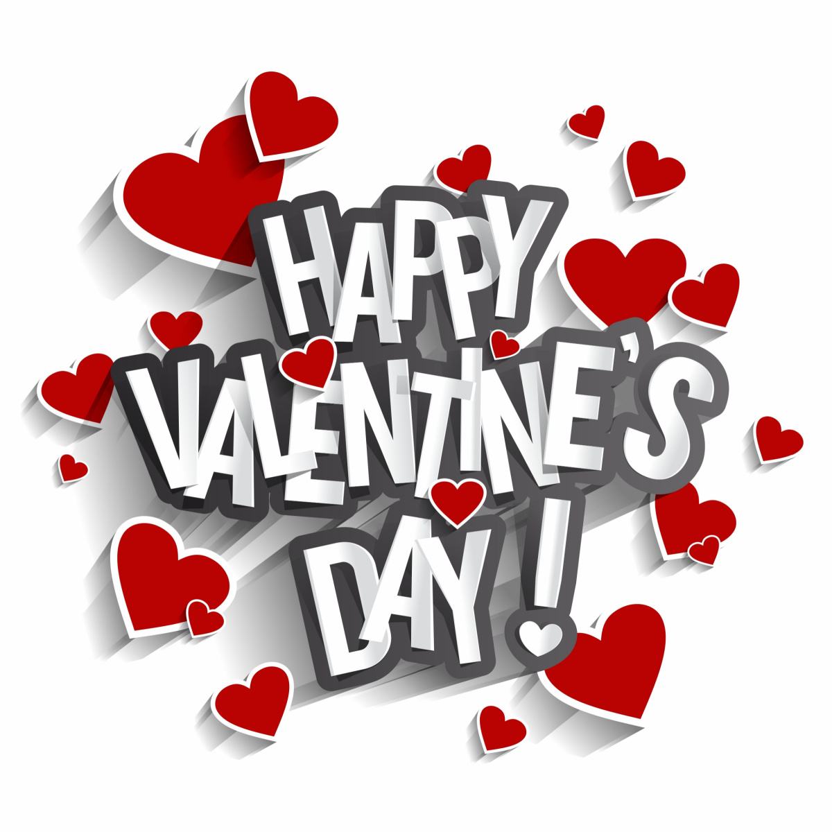 White block letters with a black outline reading Happy Valentine's Day surrounded by red hearts.