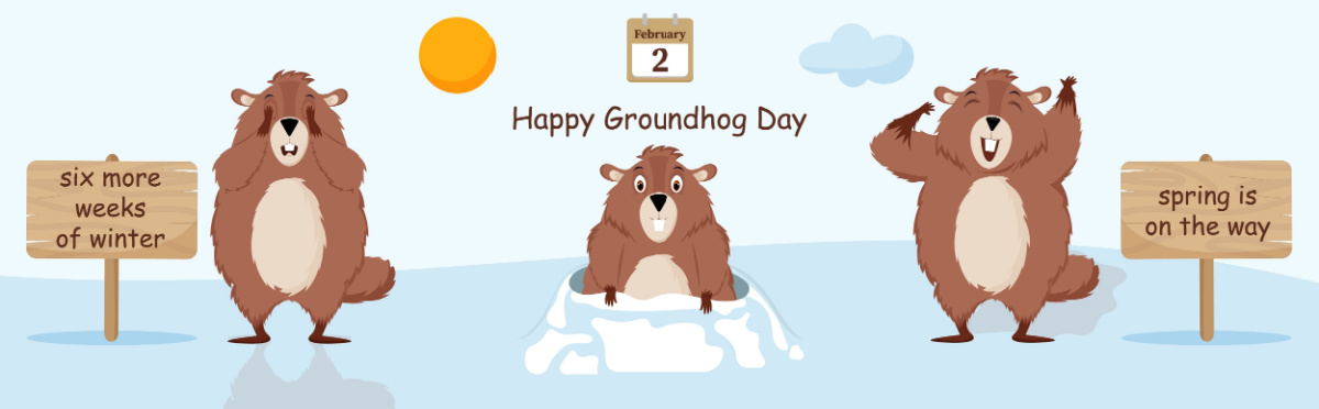Groundhog Day graphic Three cartoon groundhogs on groundhog day, from left to right they depict a groundhog predicting winter, a groundhog emerging from a burrow and a groundhog predicting spring.
