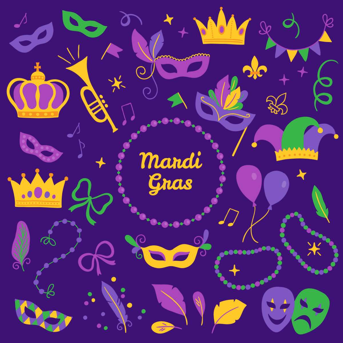Mardi Gras symbols Mardi Gras symbols like masks, beads, trumpets, balloons, music and crowns on a purple background around yellow text that reads Mardi Gras.