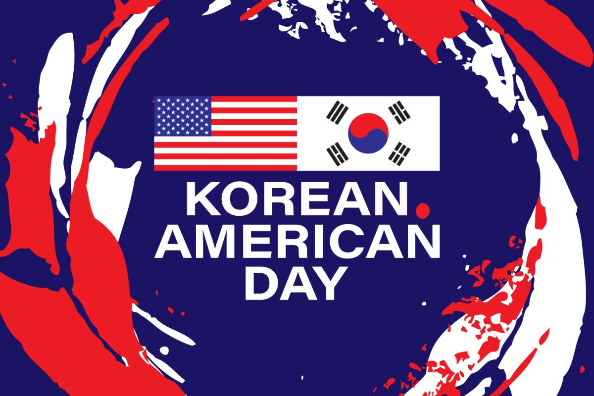A blue background with white and red paint swirls in a circle surrounding the words "Korean American Day" which are under a flag of the USA and South Korea.