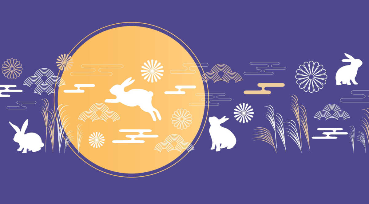 The rabbit symbolism Rabbit, moon and traditional patterns on a purple background.