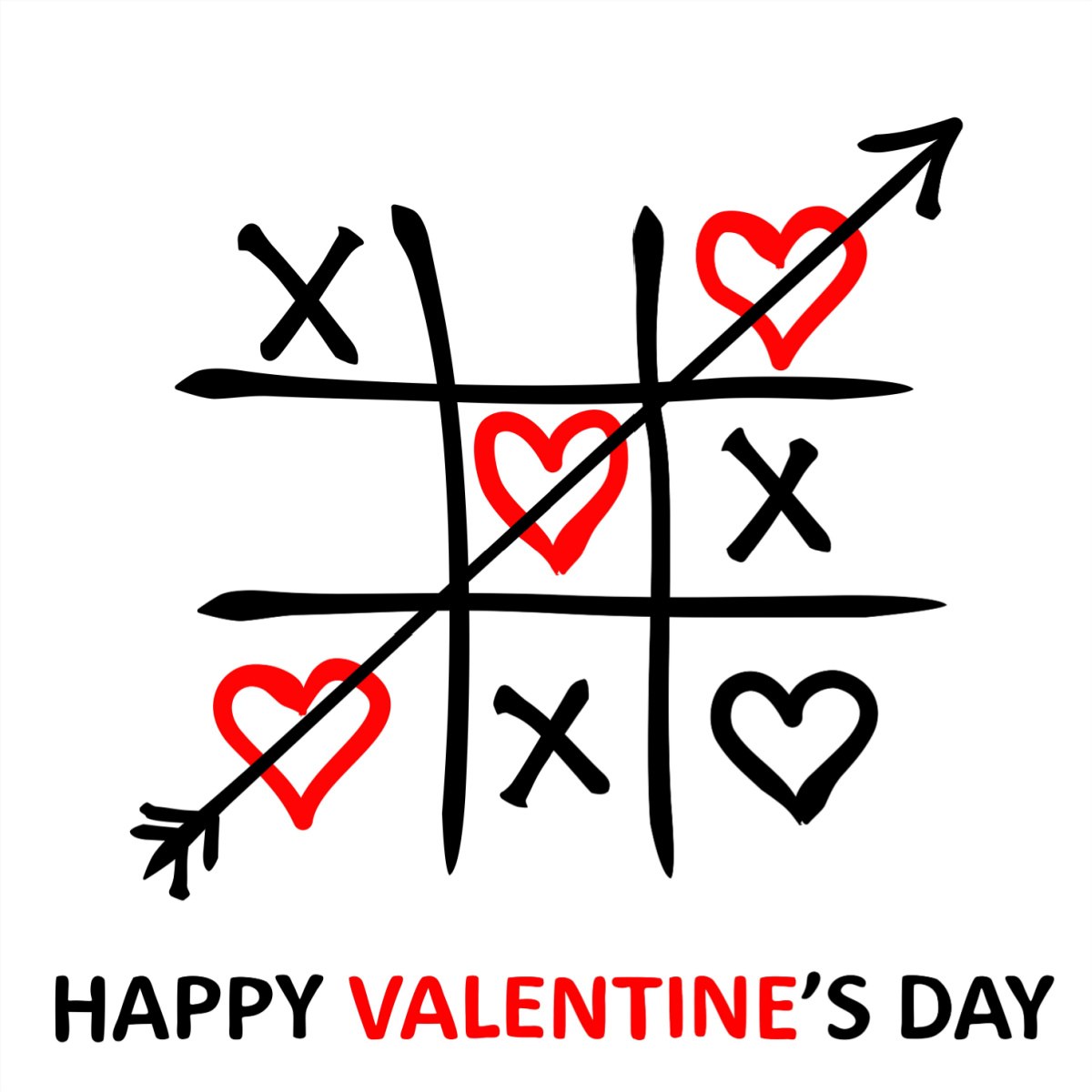 A Valentine's Day puzzle featuring a tic tac toe game and the words Happy Valentine's Day at the bottom.