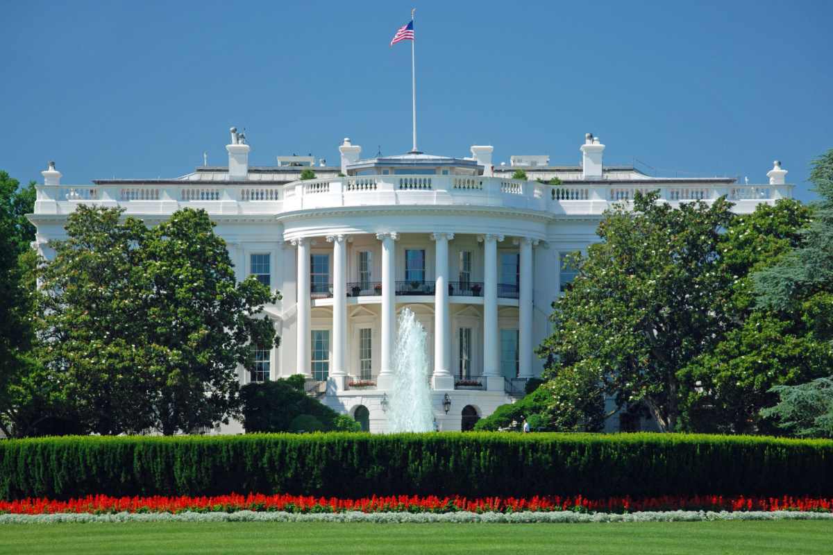 White House A photo of the white house from the front lawn with a fountain in front of it, and red flowers in the foreground.