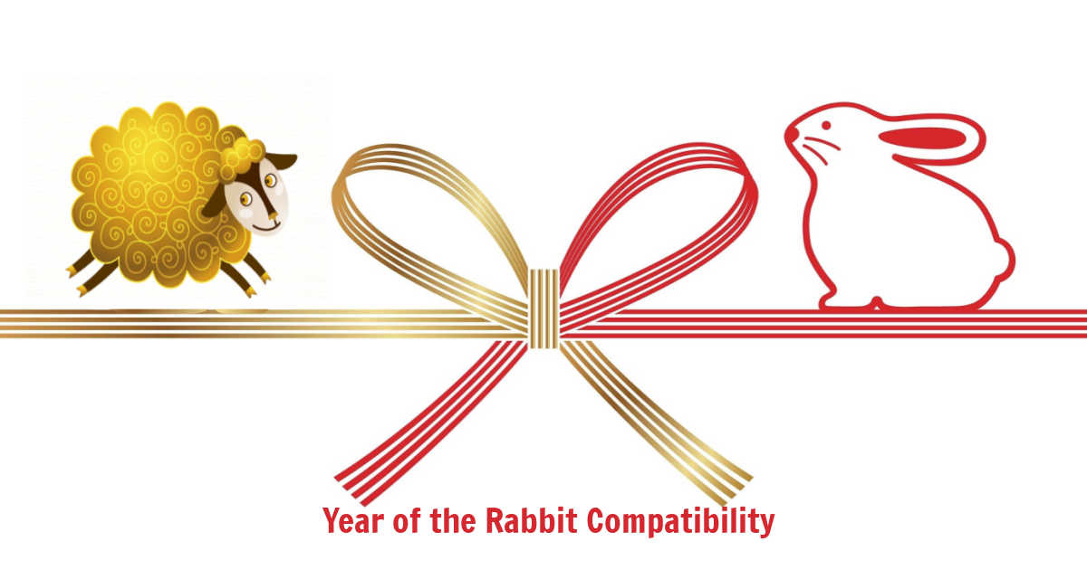 The sheep is compatible with the rabbit. Year of the Rabbit compatibility text under image of sheep and rabbit.