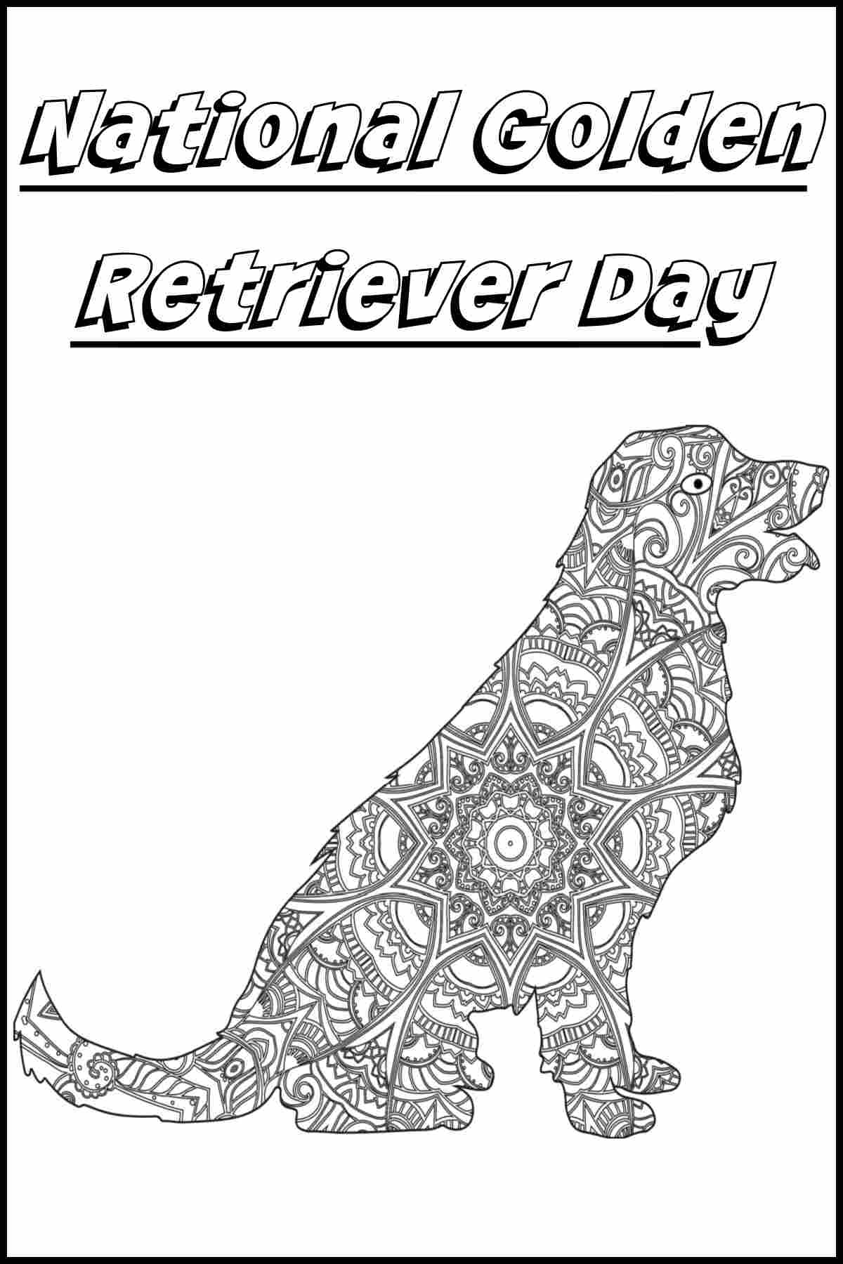 A golden retriever coloring page for National Golden Retriever Day, which has text at the top, and a golden retriever with a mandala design on its body.
