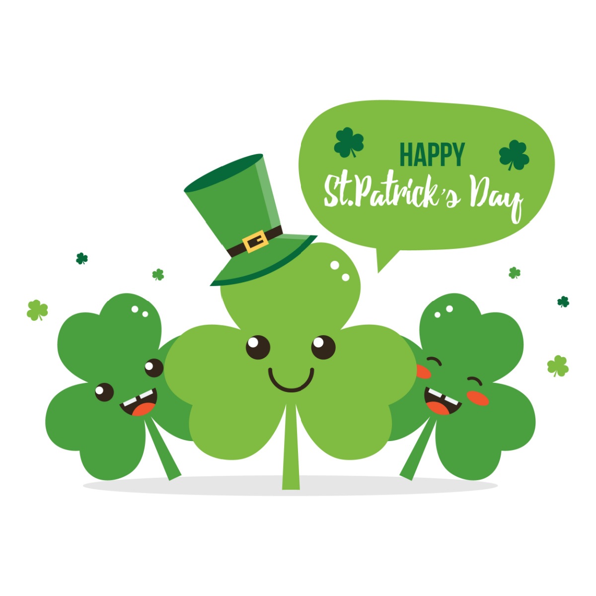 Happy St. Patrick's Day shamrocks Three cartoon shamrocks with a text bubble above the middle one that says Happy St. Patrick's Day.