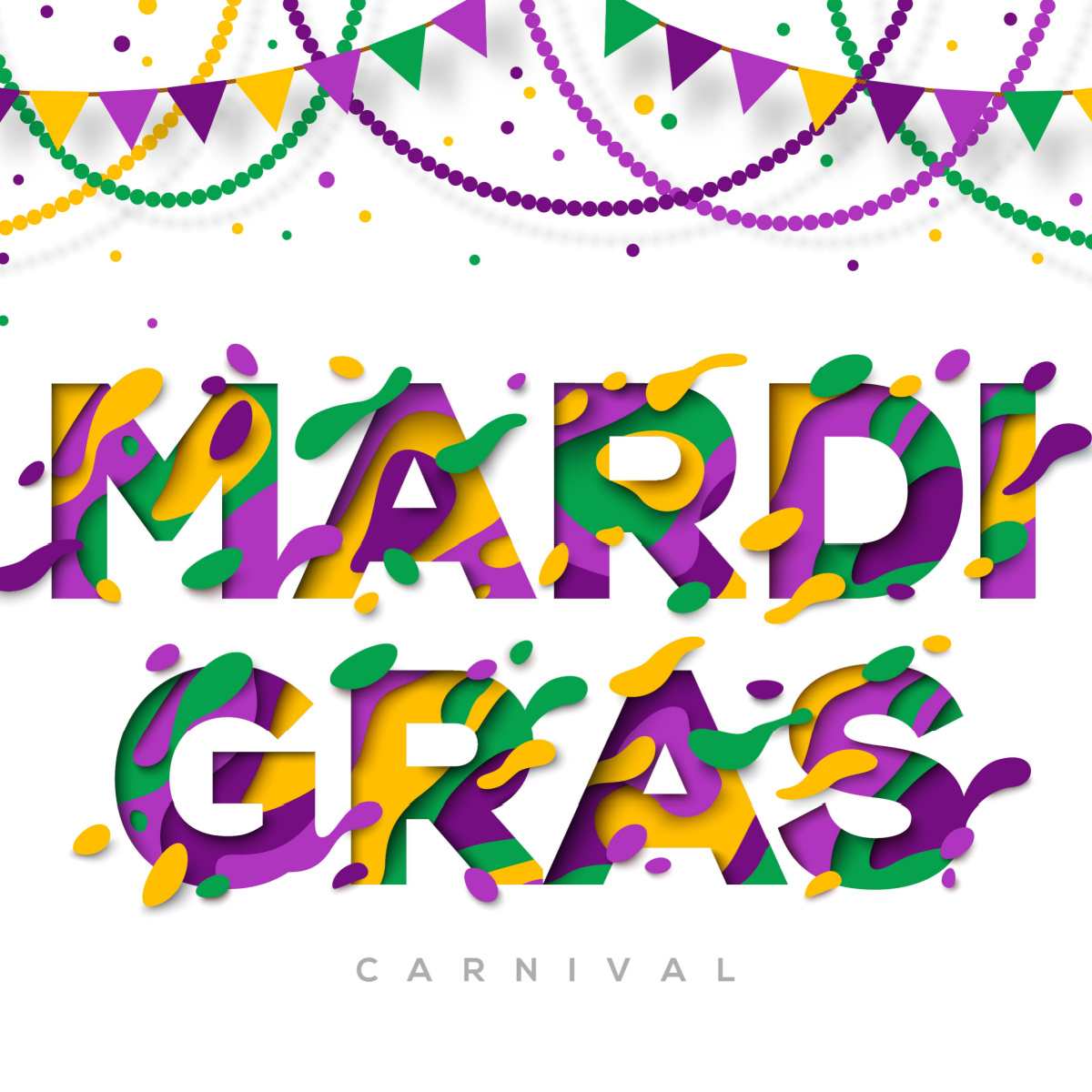 A Fat Tuesday graphic with beads and bunting in green, purple and gold at the top of the image, and the words Mardi Gras in splattered in paint beneath them.