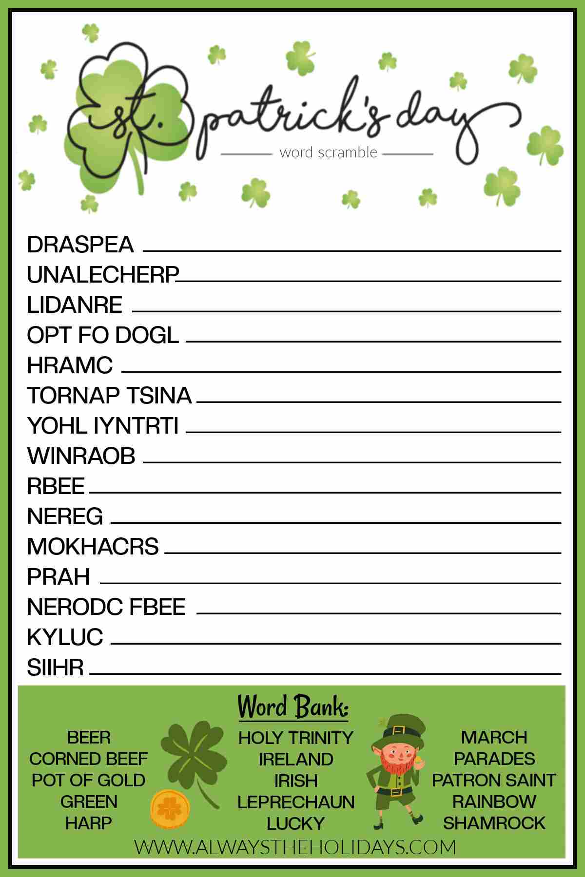 A free St. Patrick's Day word scramble printable puzzle with a word bank at the bottom and the words "St. Patrick's Day" at the top in cursive.