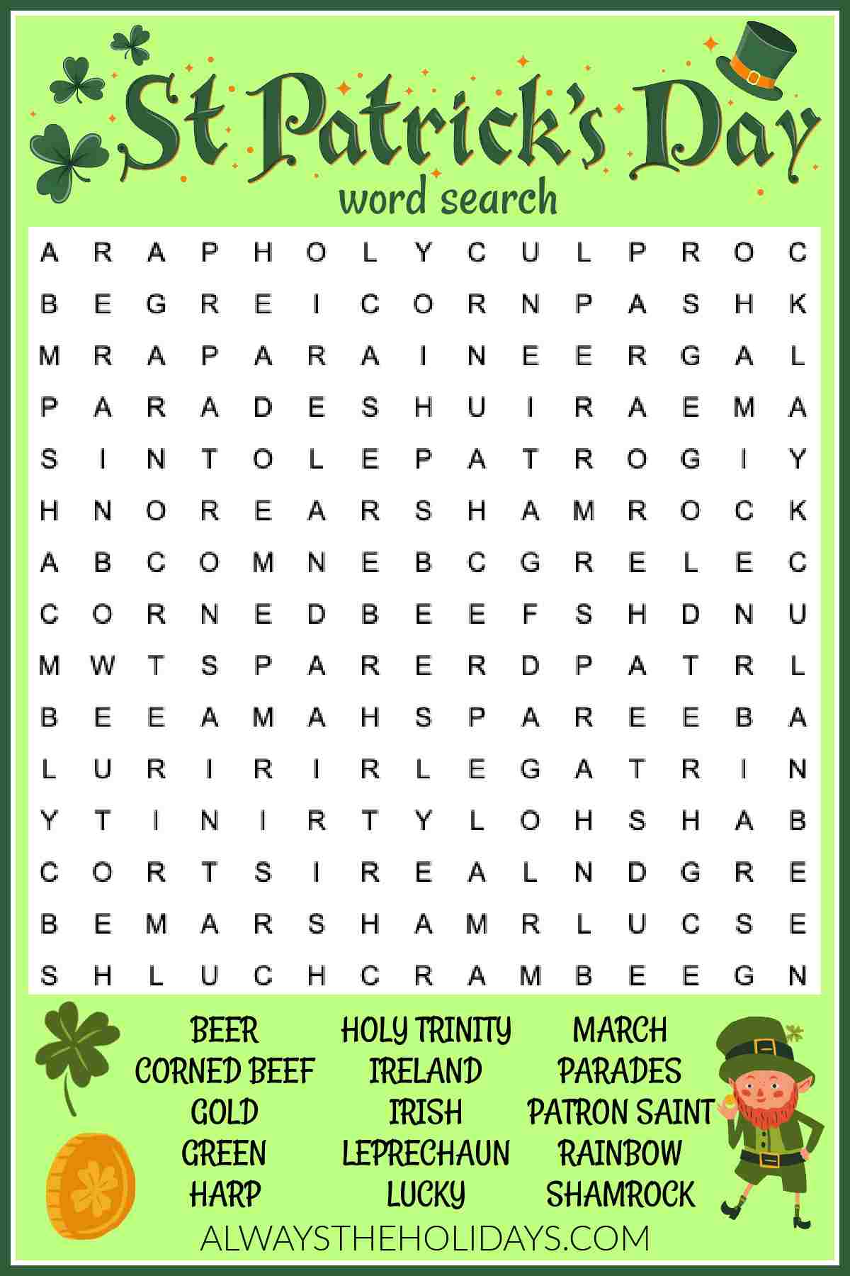 A St. Patrick's Day word search with a word bank and the words "St. Patrick's Day" at the top surrounded by shamrocks.
