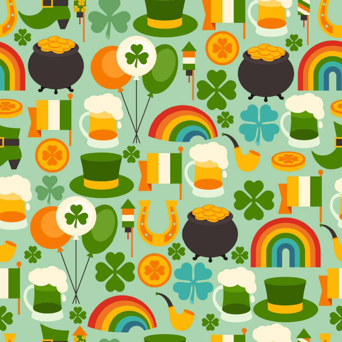 The symbols of St. Patrick's Day including pots of gold, rainbows, balloons, an Irish flag, pints of beer, leprechaun hats, shamrocks, four leaf clovers and gold coins on a green background.