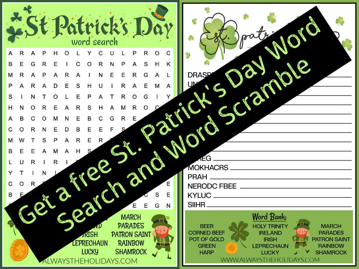 St. Patrick's Day word puzzles A St Patrick's Day word search and word scramble for St Patrick's Day with a banner over them with instructions to download the free word puzzles.
