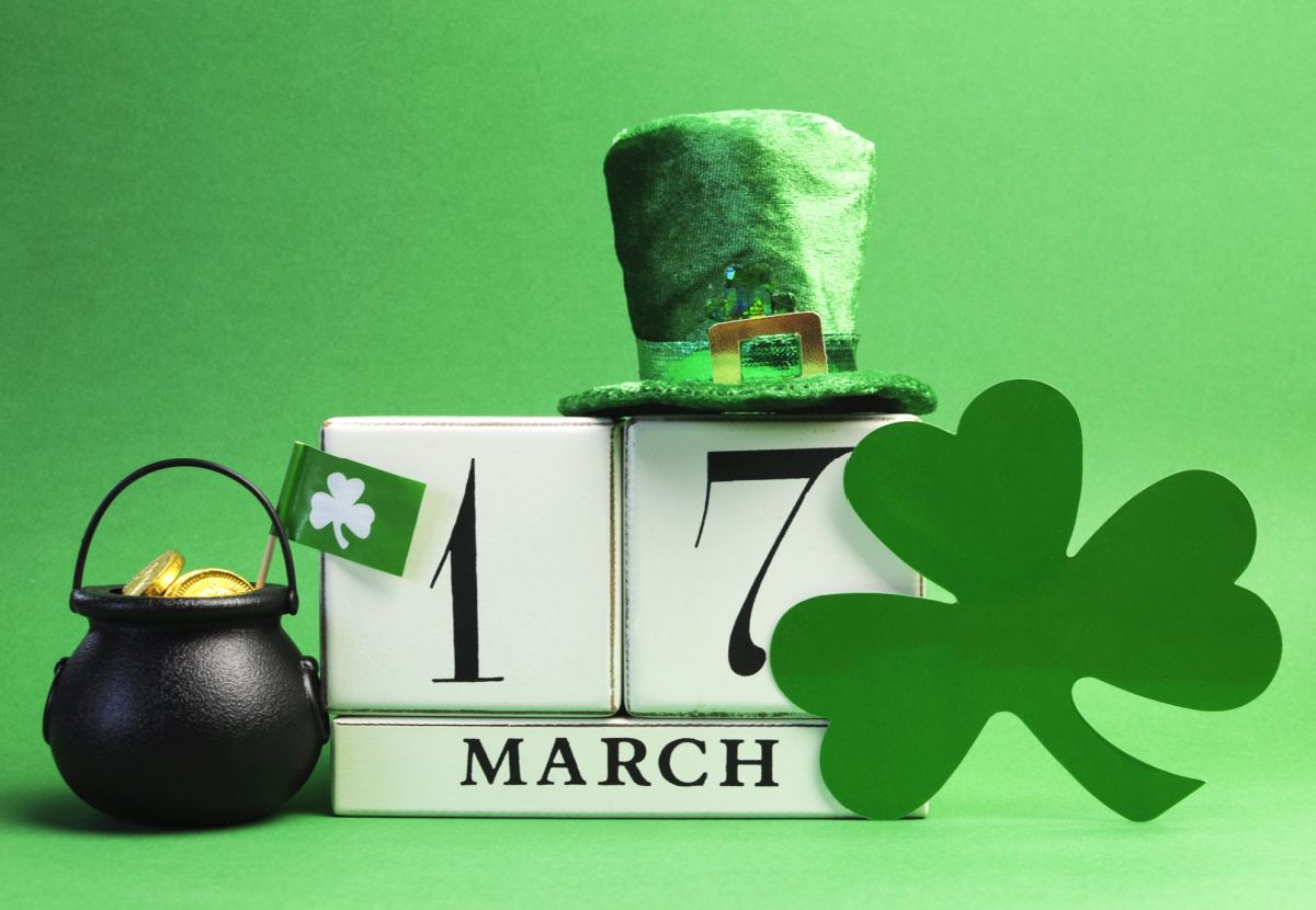 March 17 blocks Blocks that read "March 17" with a green top hat, shamrock and pot of gold around them to celebrate St. Patrick's Day and the March 17 national days.