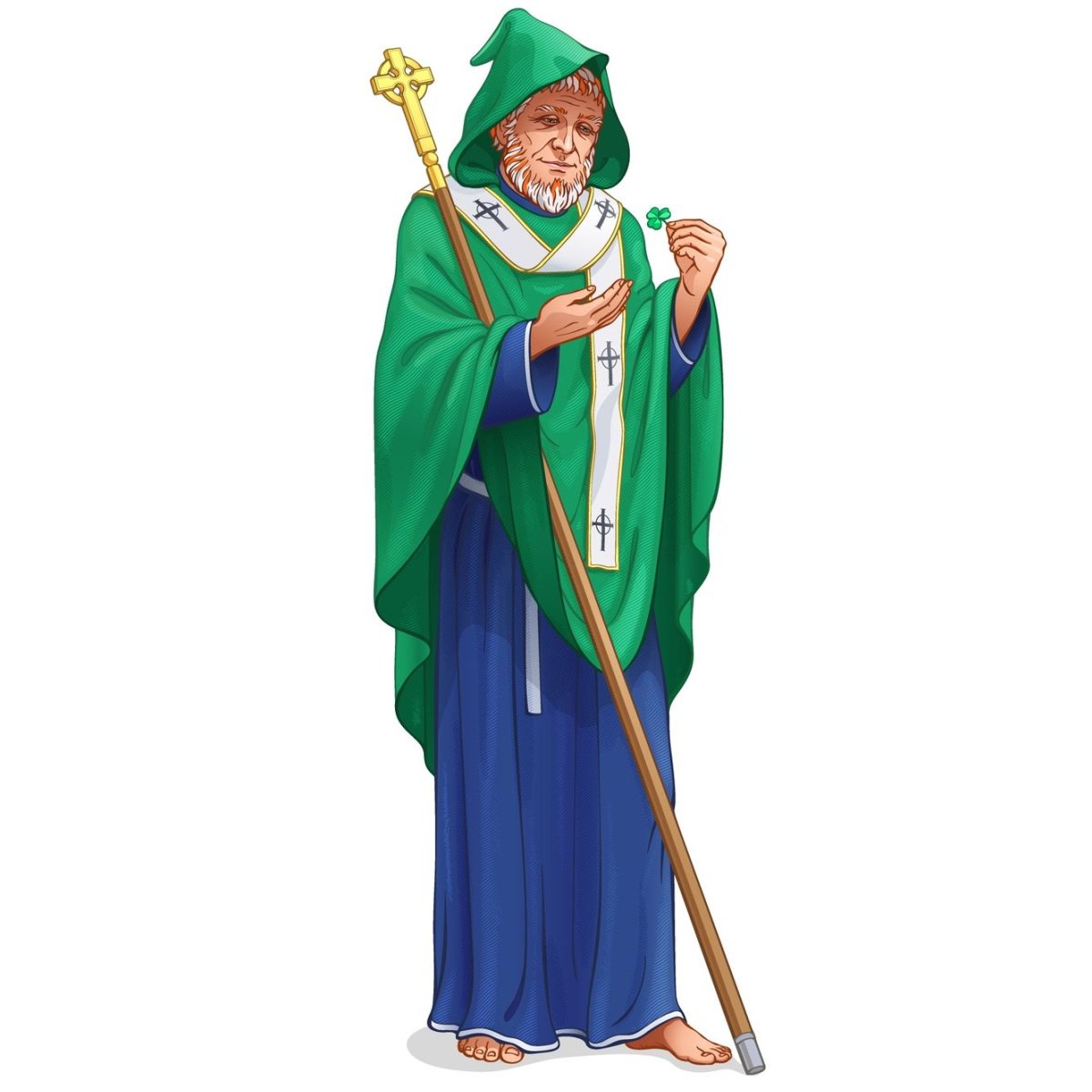 Saint Patrick wearing blue An older style depiction of Saint Patrick where he is wearing a robe in the color called "St Patrick's blue" hinting to the religious blue color meaning during St. Patrick's Day.