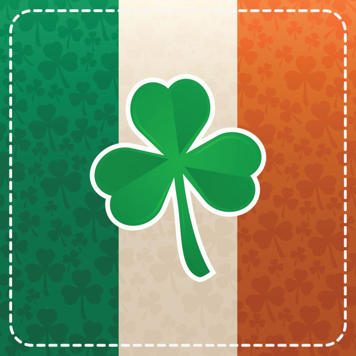 St. Patrick's Day colors with shamrock on top A square that is made up of the colors of the Irish flag with faint shamrocks all over the image, a dotted border around the edges and a large shamrock in the center of the image.