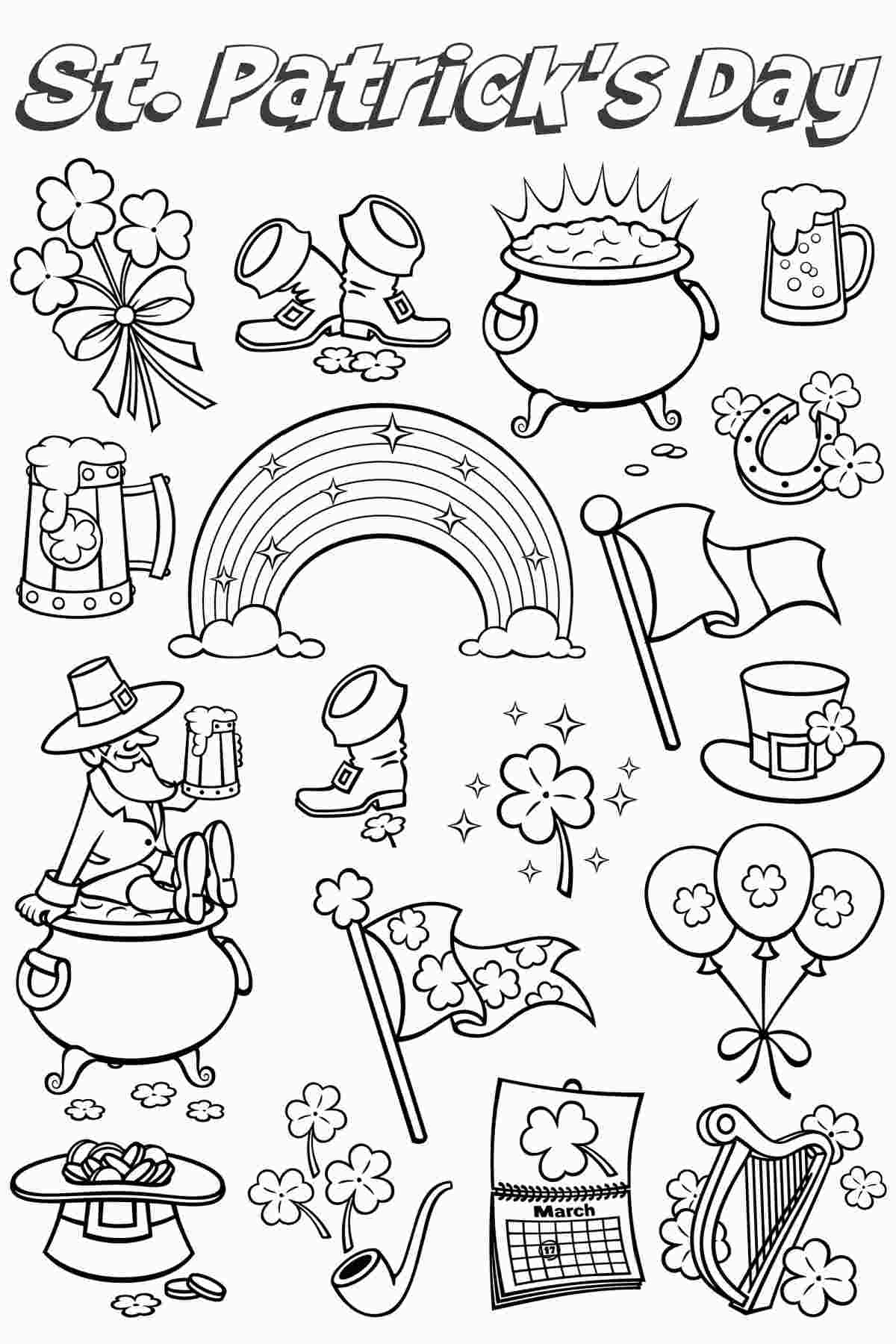 A St. Patrick's Day coloring pages showing the symbols of St Patrick's Day and text reading "St. Patrick's Day" at the top of the St Patricks Day coloring sheet.