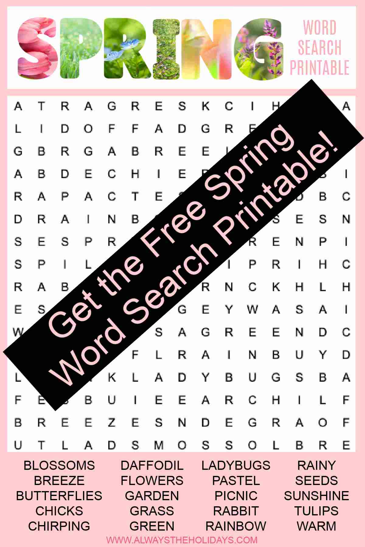 Celebrate Spring With a Free Word Search Printable A spring printable word find with a black bar over it with a pink text overlay that reads get the free spring word search printable.