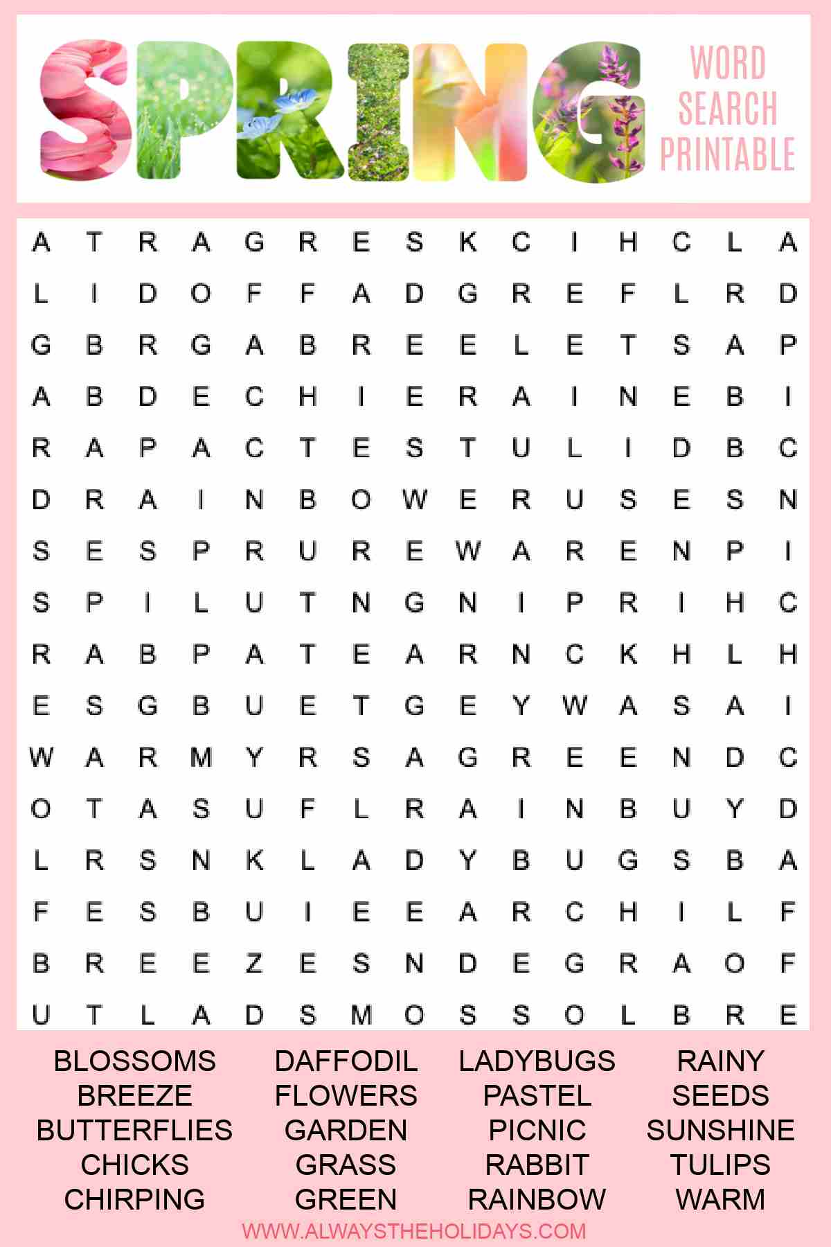 A spring word search printable free download with the word "spring" in floral letters at the top, and a word bank at the bottom under the seek and find puzzle.