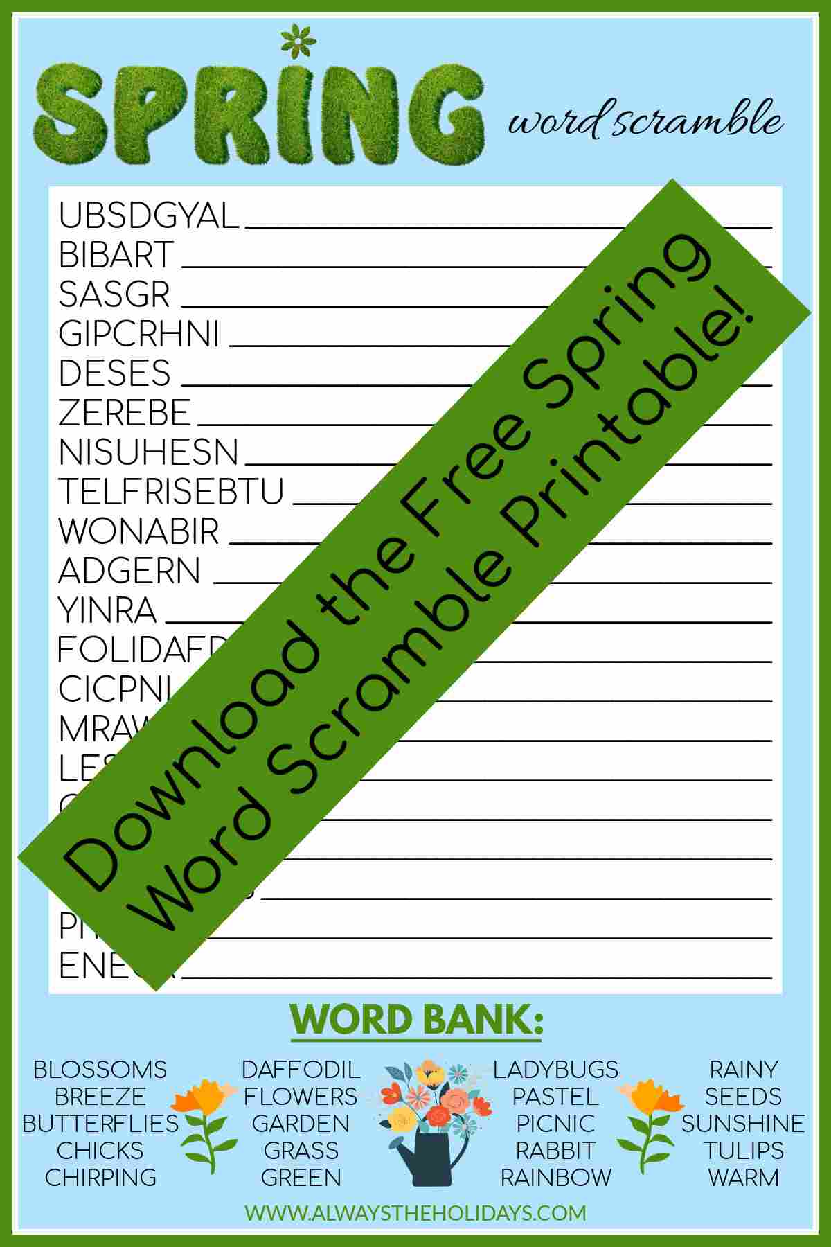 A word puzzle with the word spring at the top in letters that look like grass and a green banner across it that reads download the free spring word scramble printable.