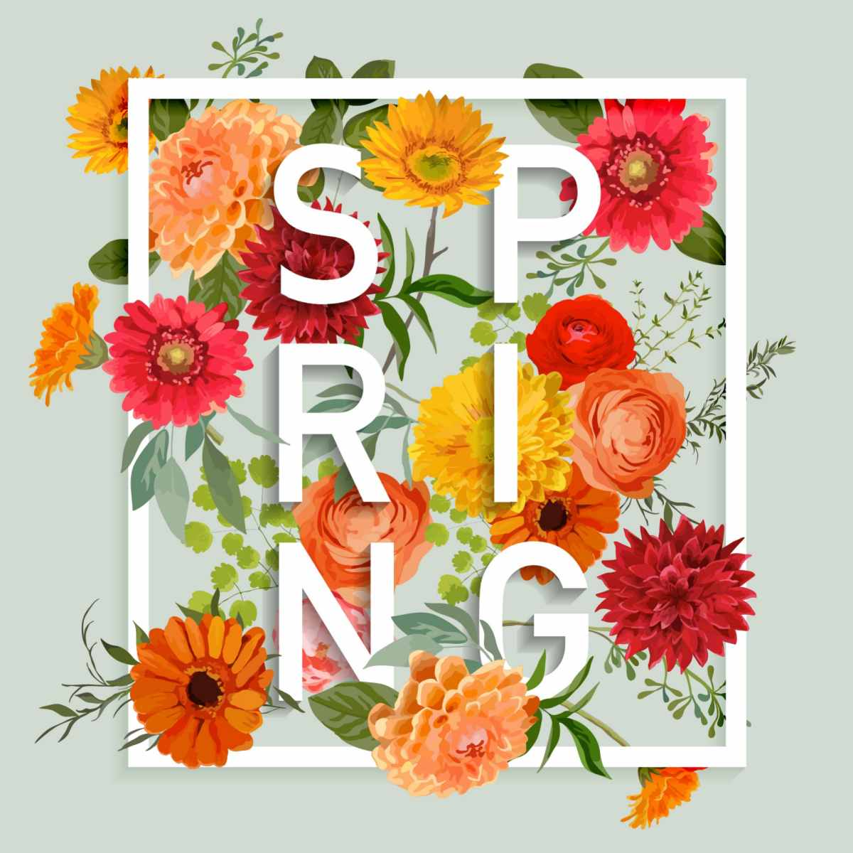A box filled with flowers and letters that spell out spring on a greenish grey background.