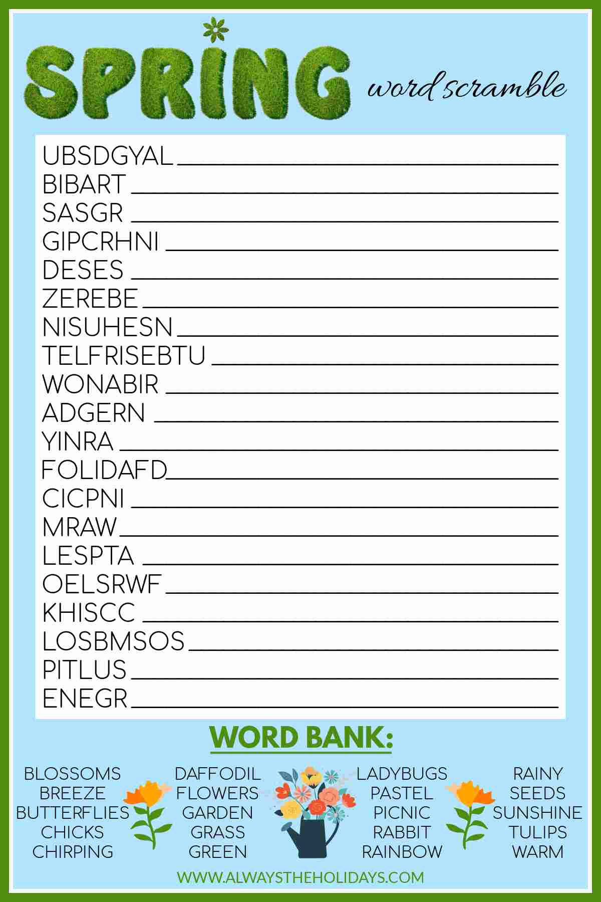 A free spring printable word scramble with a word bank at the bottom and the word "spring" at the top in bubble letters that look like grass.