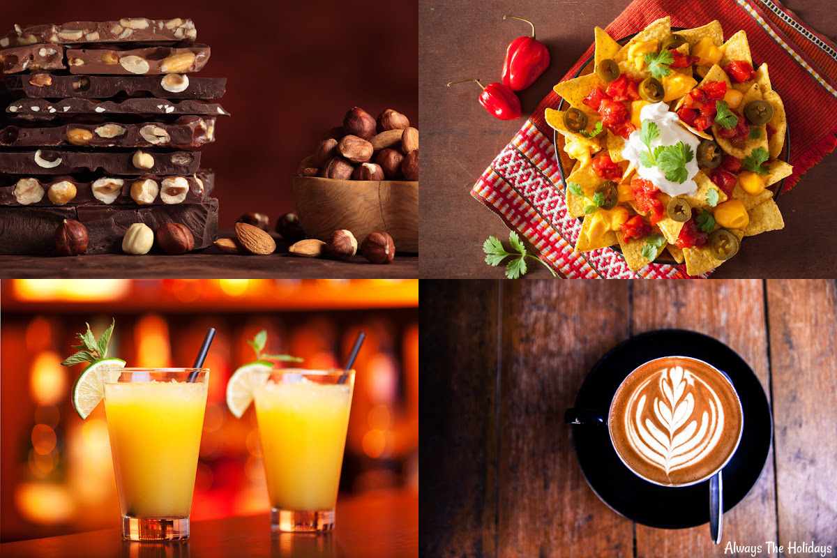 An assortment of national food days in November A rectangle of national food days in November including National Bittersweet Chocolate with Almonds Day in the top left corner, National Nachos Day in the top right corner, National Harvey Wallbanger Day in the bottom left, and National Cappuccino Day in the bottom right.