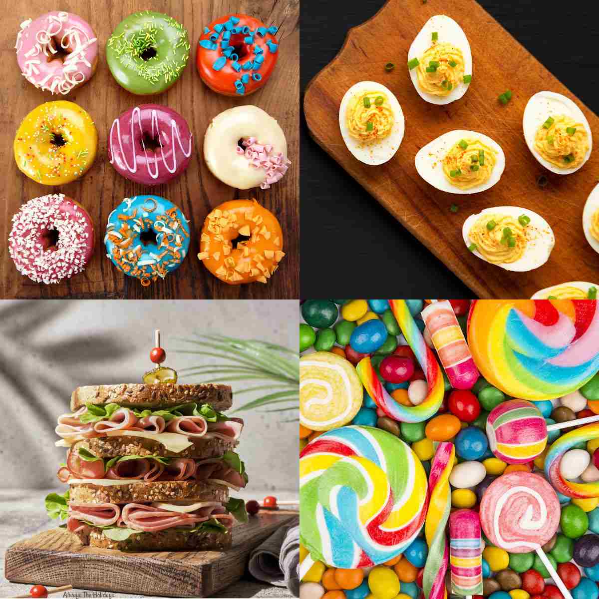 Assorted national food days in a square A square with four November national food days featured in it including National Doughnut Day in the top left corner, National Deviled Egg Day in the top right corner, National Sandwich Day in the bottom left corner and National Candy Day in the bottom right corner.