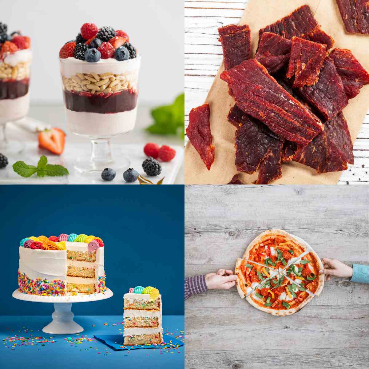 Food holidays and national food days collage A square of food holidays and national food days in November, starting with National Parfait Day on the top left, National Craft Jerky Day on the top right, National Cake Day on the bottom left and Eat With a Friend Day on the bottom right.