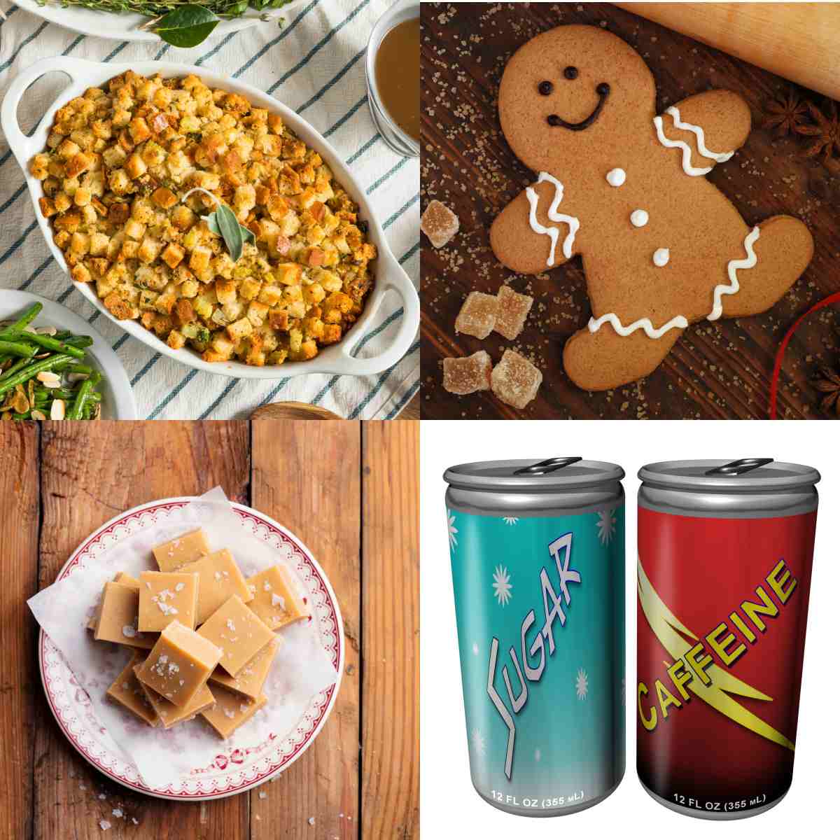 Four food holidays in November A square of food holidays in November the top left representing National Stuffing Day, the top right representing National Gingerbread Cookie Day, the bottom left representing National Peanut Butter Fudge Day, and the bottom right representing National Carbonated Beverage with Caffeine Day.
