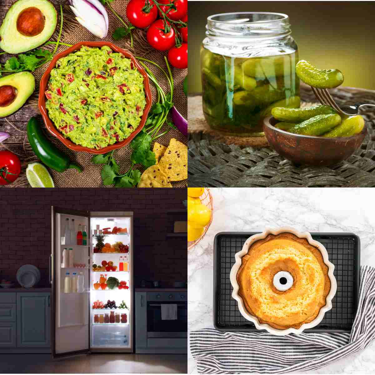 An assortment of national food days and food holidays in November A square of images representing four national food days and food holidays in November, where the top left image represents National Spicy Guacamole Day, the top right image represents National Pickle Day, the bottom left image represents National Clean Out Your Refrigerator Day, and the bottom right image represents National Bundt (Pan) Day.