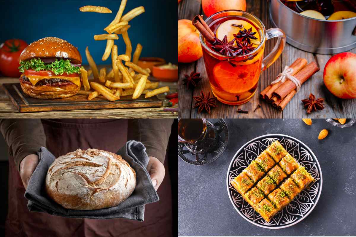 Four days in the November food calendar Four images in a rectangle that stand for four of the days in the November food calendar, with the top left being National Fast Food Day, the top right Apple Cider Day, the bottom left National Homemade Bread Day, and the bottom right National Baklava Day.