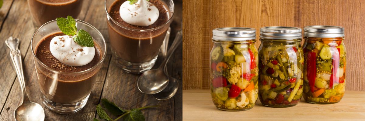 National Mousse Day and National Mason Jar Day image Two images of November food days and recipes, with National Mousse Day on the left, and National Mason Jar Day on the right.